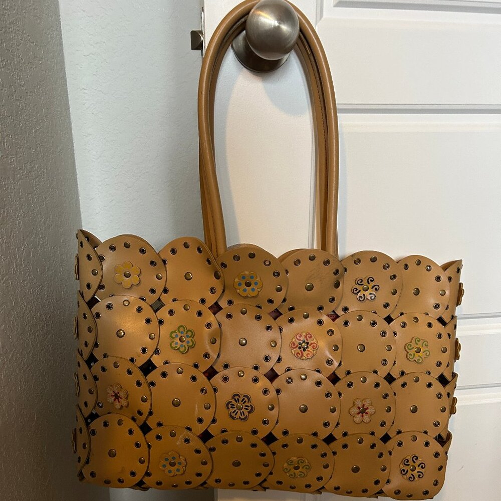 VINTAGE ESPRIT Boho Vegan Faux Leather Floral Tote Beach Shoulder Bag